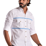 Stylish White Hunting Shirt with Blue Strip | Premium Men's Sportswear | Classic Outdoor Design | Comfortable Cotton Fabric | Size 36-44